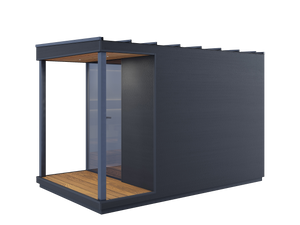 Modular sauna with a wooden deck on a white background