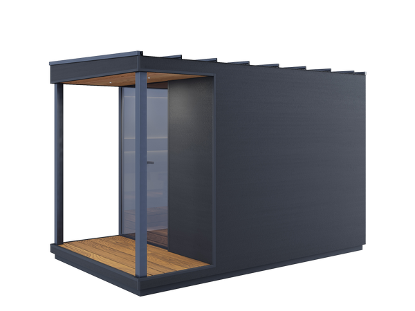 Modular sauna with a wooden deck on a white background
