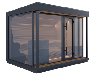 Modern glass sauna with dark frame and interior lighting on a white background
