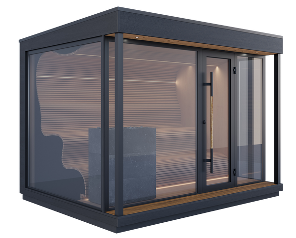 Modern glass sauna with dark frame and interior lighting on a white background