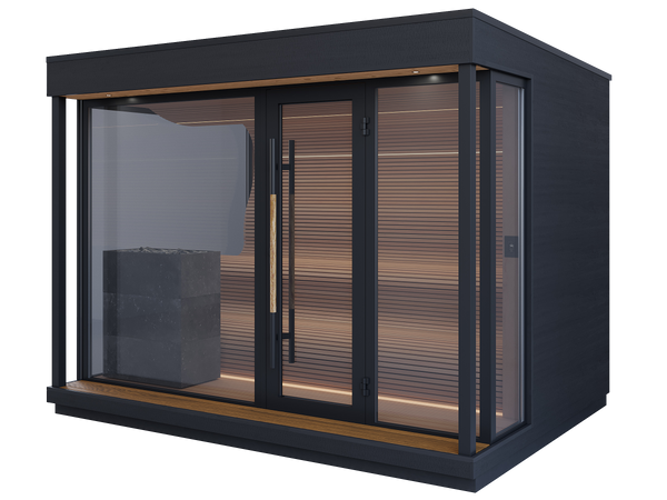 Modern black-framed sauna room with sliding doors on a white background