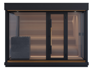 Modern outdoor sauna with glass doors and black exterior