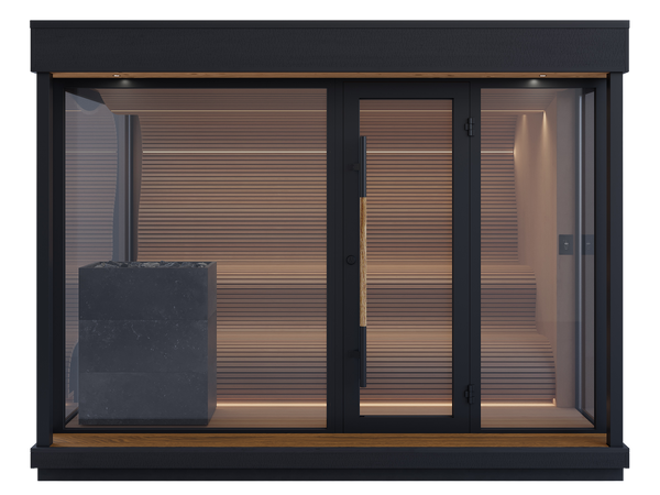 Modern outdoor sauna with glass doors and black exterior