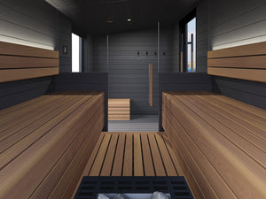 Wooden sauna interior with benches and a steam room.