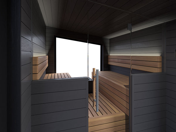Modern sauna with wooden benches and dark wooden walls.