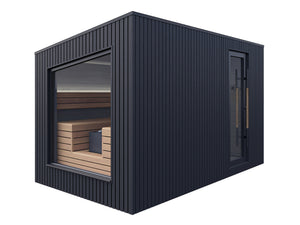Black modular building with wooden interior on a white background