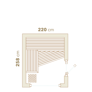 Measurement diagram of a rectangular object with dimensions 258 cm x 220 cm on a white background.
