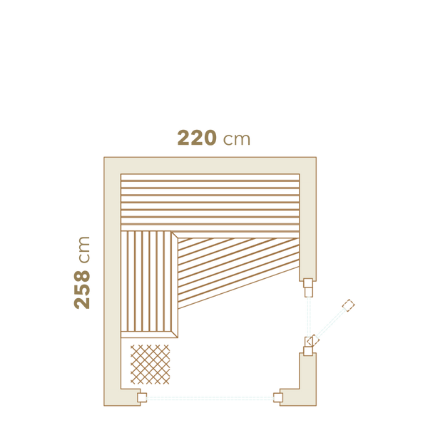Measurement diagram of a rectangular object with dimensions 258 cm x 220 cm on a white background.