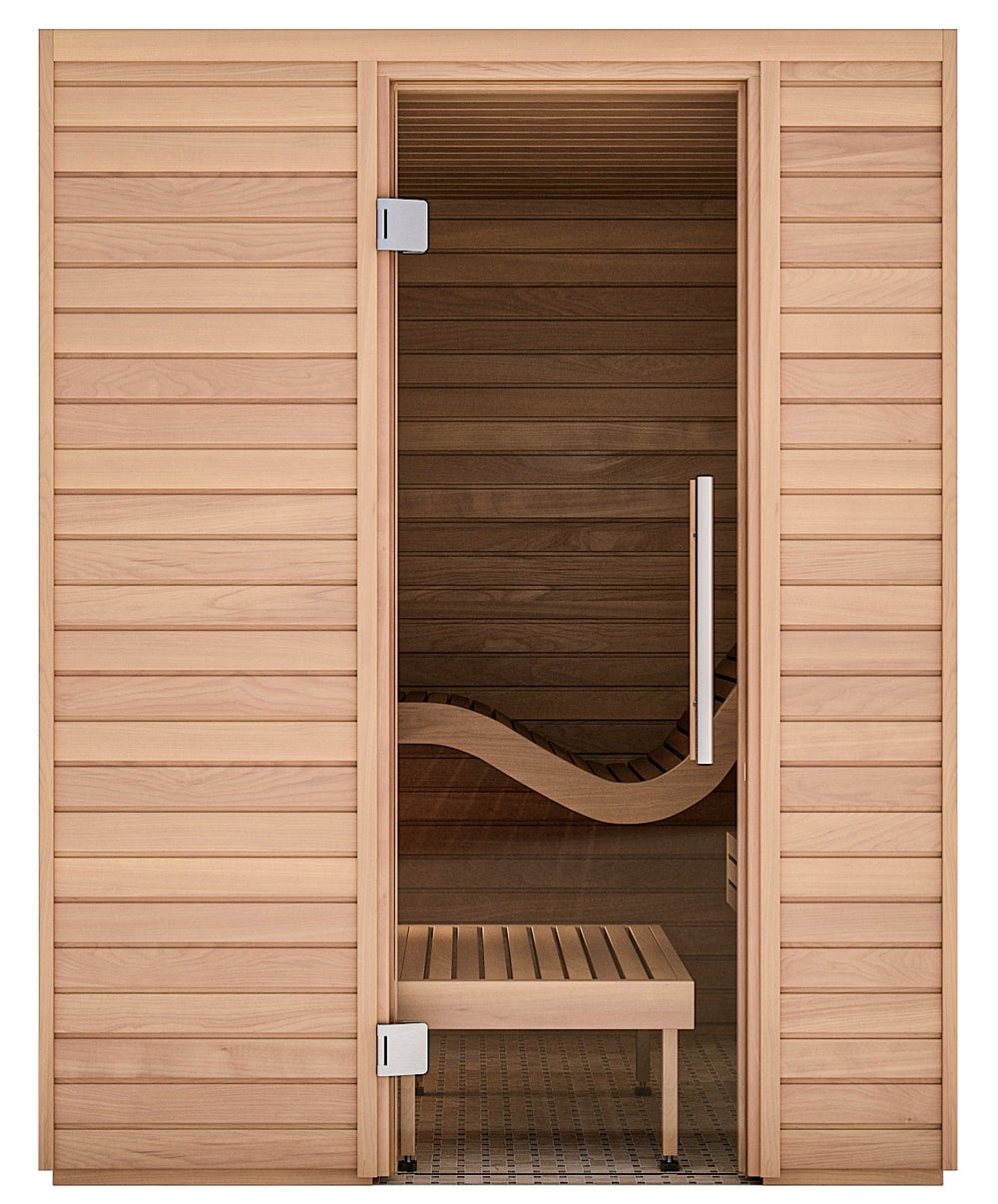 Wooden sauna with open door on a white background