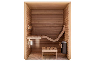 Wooden sauna with benches and a heater on a white background