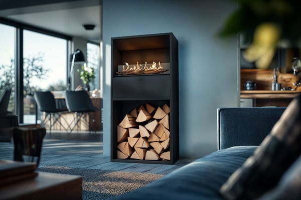 Modern indoor fireplace with firewood storage in a living room setting
