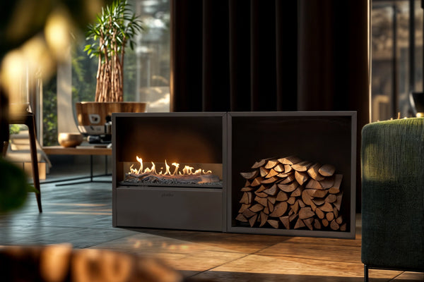 Modern indoor fireplace with wooden logs in a cozy living room setting.