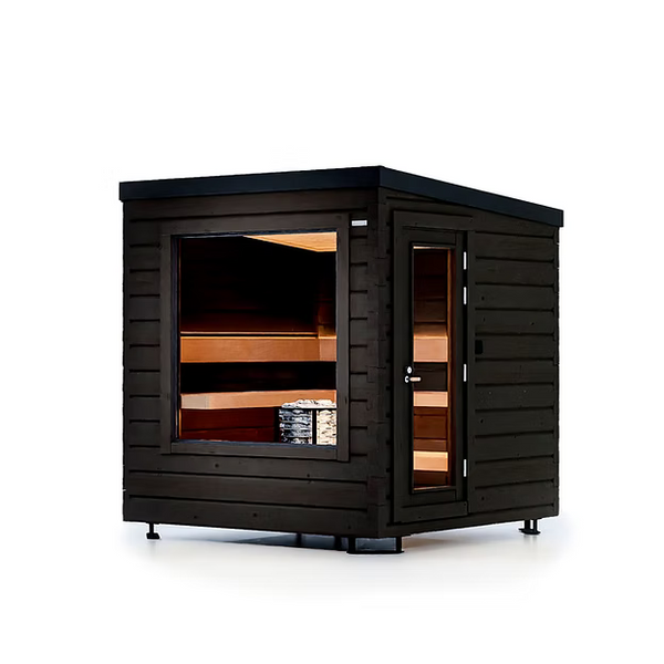 Wooden outdoor sauna with glowing interior on a white background