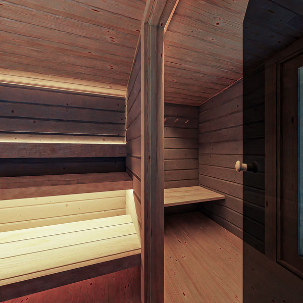 Wooden sauna interior with benches and a door.