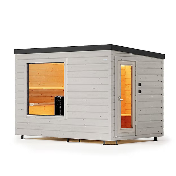 Wooden sauna with glass doors and windows on a white background