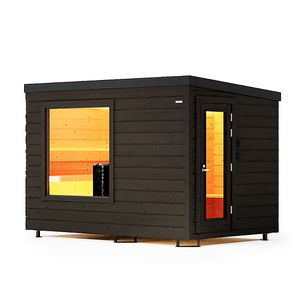 Wooden sauna with glass doors and windows on a white background