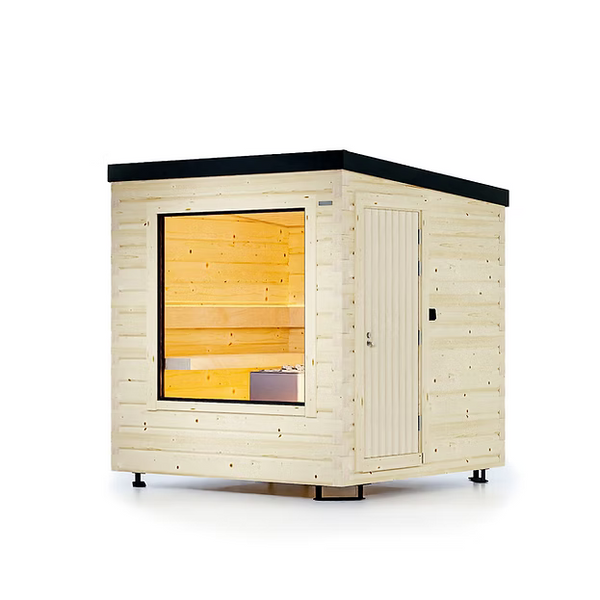 Wooden outdoor sauna with glowing interior on a white background