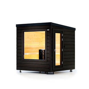 Wooden outdoor sauna with glowing interior on a white background