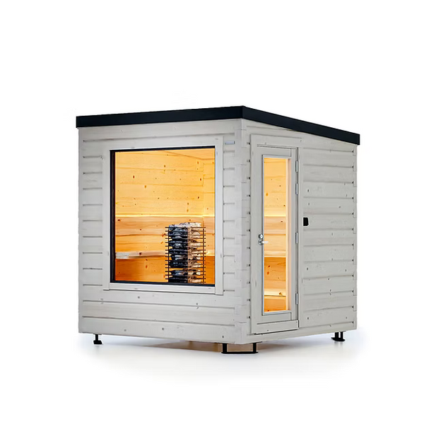 Wooden outdoor sauna with glowing interior on a white background