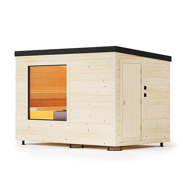 Wooden sauna with glass doors and windows on a white background