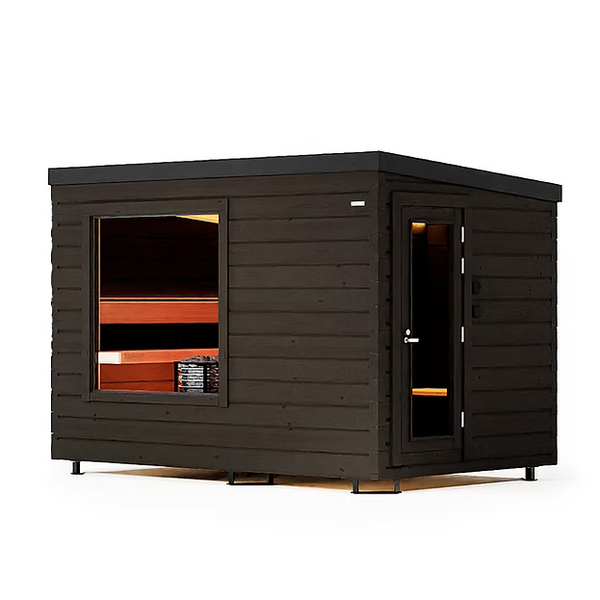 Wooden sauna with glass doors on a white background