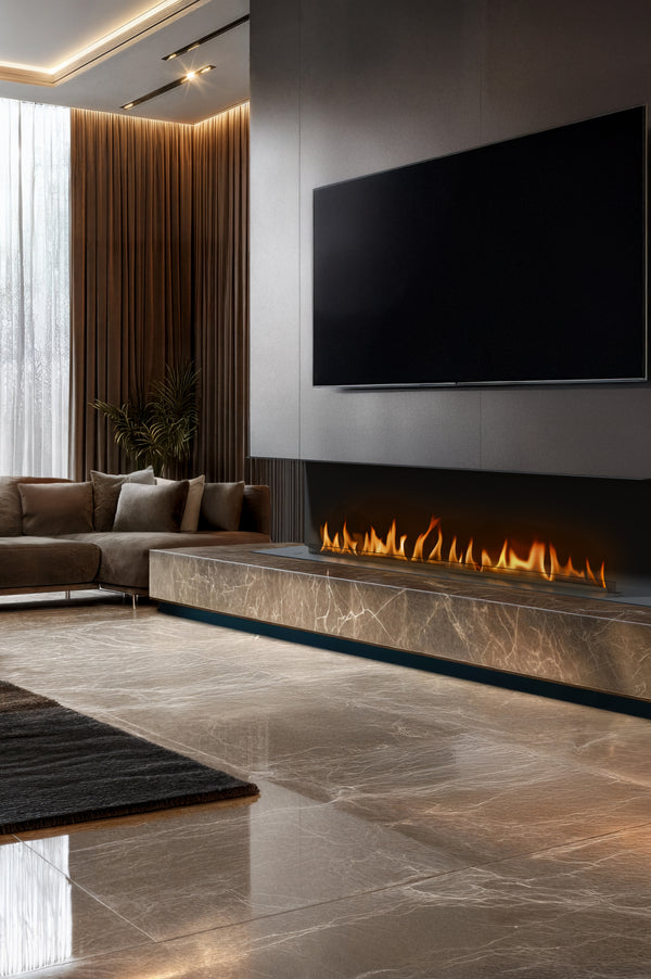 Modern living room with built-in linear ethanol fireplace installed beneath a wall-mounted television
