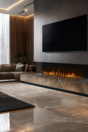 Modern living room with a fireplace and flat-screen TV.