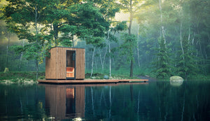 Wooden cabin on a floating platform in a serene forest lake setting