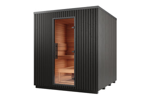 Black outdoor sauna with wooden interior on a white background