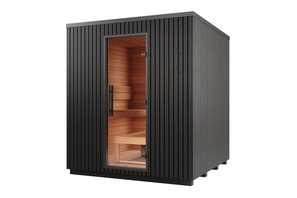 Black outdoor sauna with wooden interior on a white background