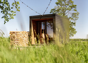 Modern cabin in a grassy field with wooden logs stacked nearby