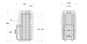 Technical drawings of a rectangular object with dimensions on a black background