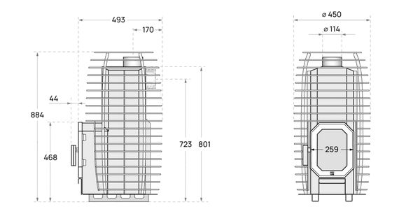 Technical drawings of a rectangular object with dimensions on a black background