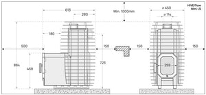 HUUM Hive Flow Mini LS wood burning electric sauna heater dimension drawing on a white background.