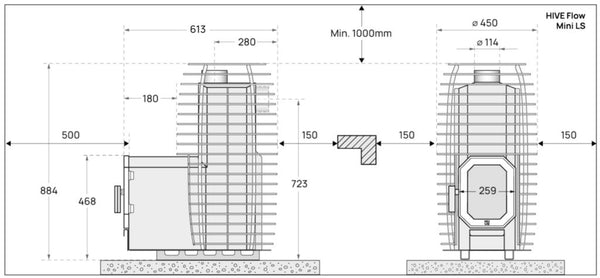 HUUM Hive Flow Mini LS wood burning electric sauna heater dimension drawing on a white background.