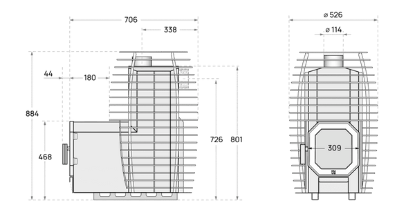 HUUM Hive Flow LS wood burning sauna heater dimension drawing on a white background