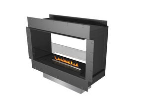 Modern black fireplace with visible flames on a white background