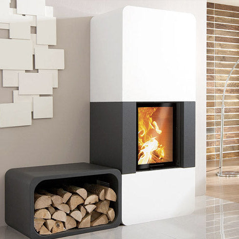 Modern fireplace with firewood storage and decorative wall art in a living room.