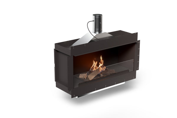 Modern black fireplace with flames on a white background