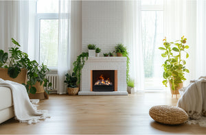 Living room with a fireplace, plants, and a white couch.