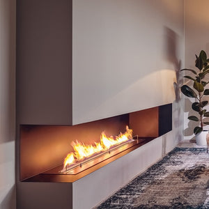 Modern fireplace with flames in a room with a plant and rug.