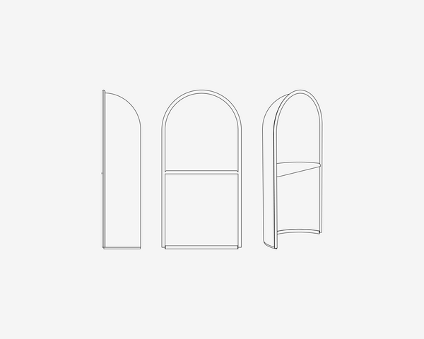 Line drawing of three arched window frames on a white background