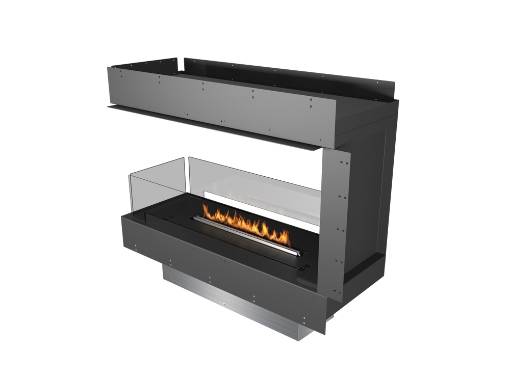 Modern black fireplace with visible flames on a white background