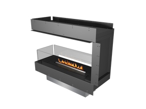 Modern black fireplace with visible flames on a white background