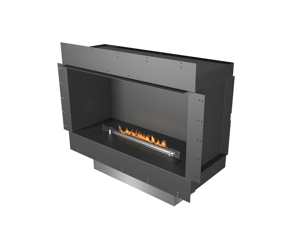 Modern black fireplace with visible flames on a white background