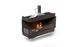 Modern black fireplace with burning logs on a white background