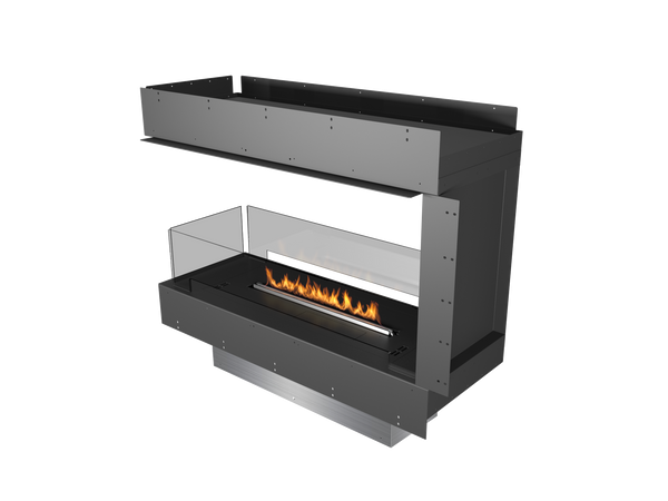 Modern black freestanding fireplace with visible flames on a white background