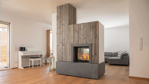 Modern living room with a fireplace and gray sofa