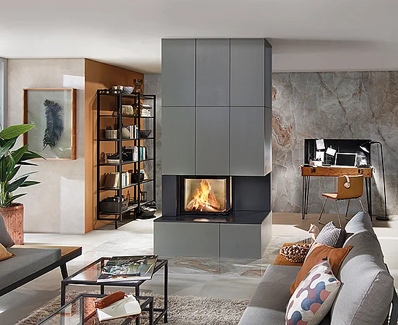 Modern living room with a fireplace, gray walls, and decorative elements.