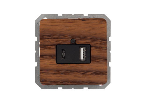 Wooden panel with USB and HDMI ports on a gray background